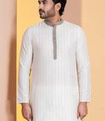 white  silk blend kurta for men with printed work