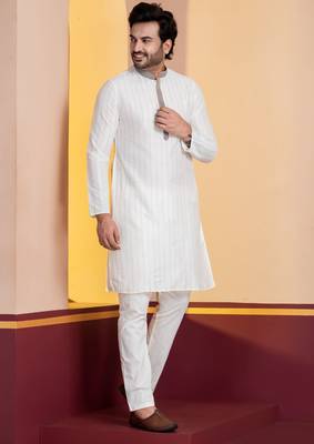 white  silk blend kurta for men with printed work 2