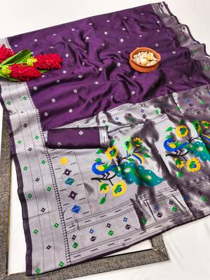 Wine art silk blend banarasi jacuard work pethani saree with unstitched blouse piece 7