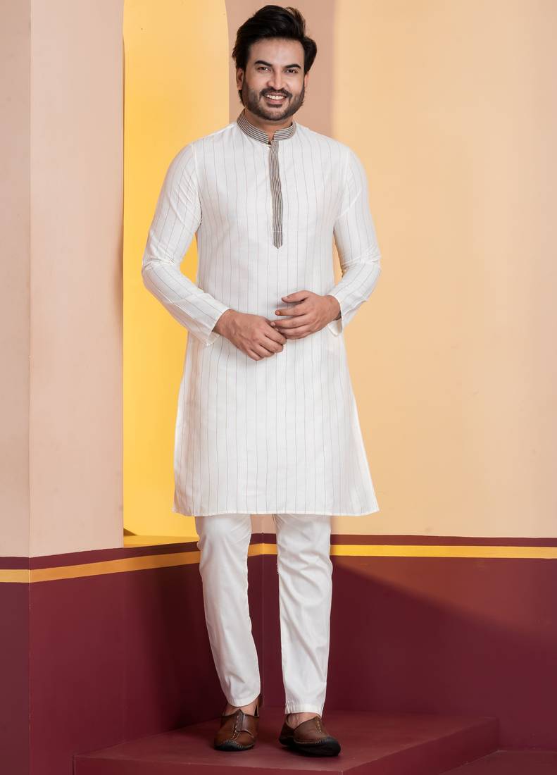 white  silk blend kurta for men with printed work