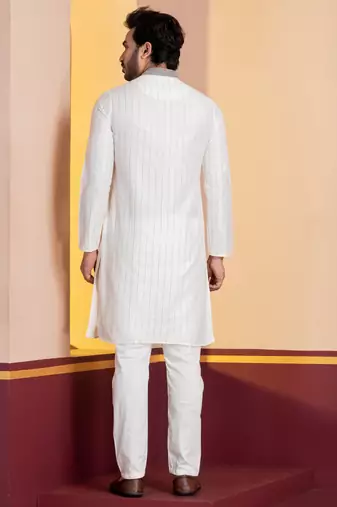 white  silk blend kurta for men with printed work