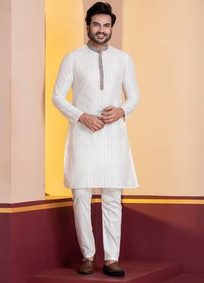white silk blend kurta pyjama set for men with printed work 1