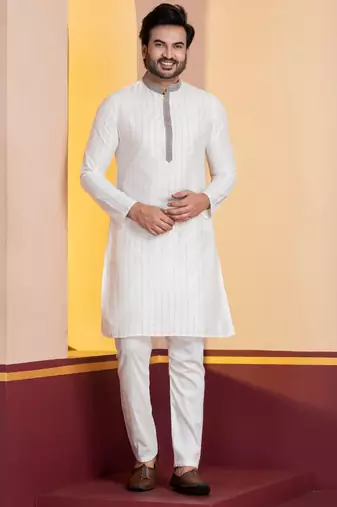 white silk blend kurta pyjama set for men with printed work