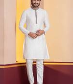 white silk blend kurta pyjama set for men with printed work