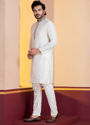 white silk blend kurta pyjama set for men with printed work 2
