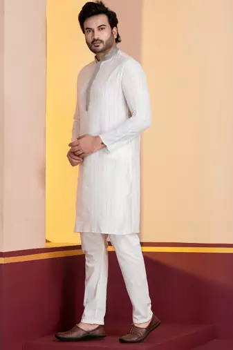 white silk blend kurta pyjama set for men with printed work