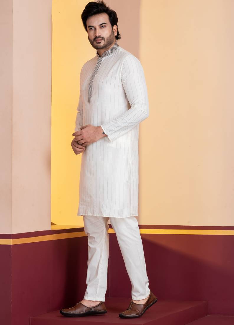 white silk blend kurta pyjama set for men with printed work