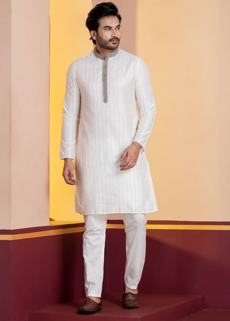 white silk blend kurta pyjama set for men with printed work