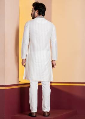 white silk blend kurta pyjama set for men with printed work 4