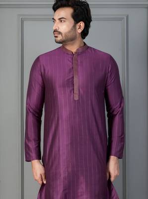 purple silk blend kurta for men with printed work 1