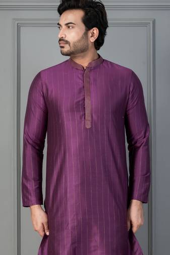 purple silk blend kurta for men with printed work
