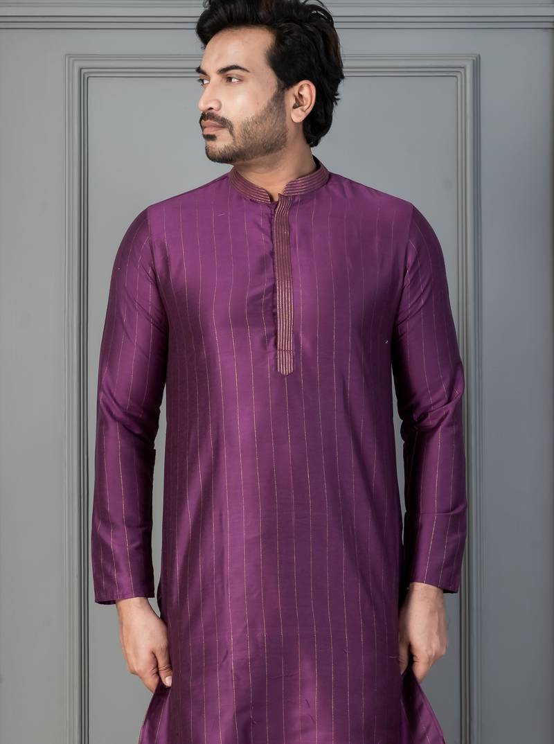 purple silk blend kurta for men with printed work