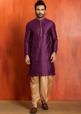 purple  silk blend kurta,dhoti set for men with printed work 1