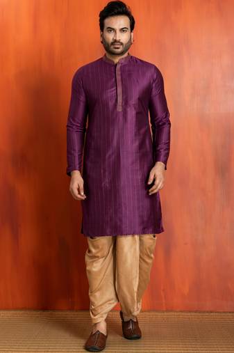 purple  silk blend kurta,dhoti set for men with printed work