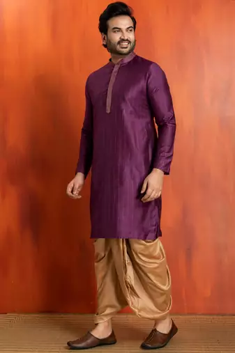 purple  silk blend kurta,dhoti set for men with printed work