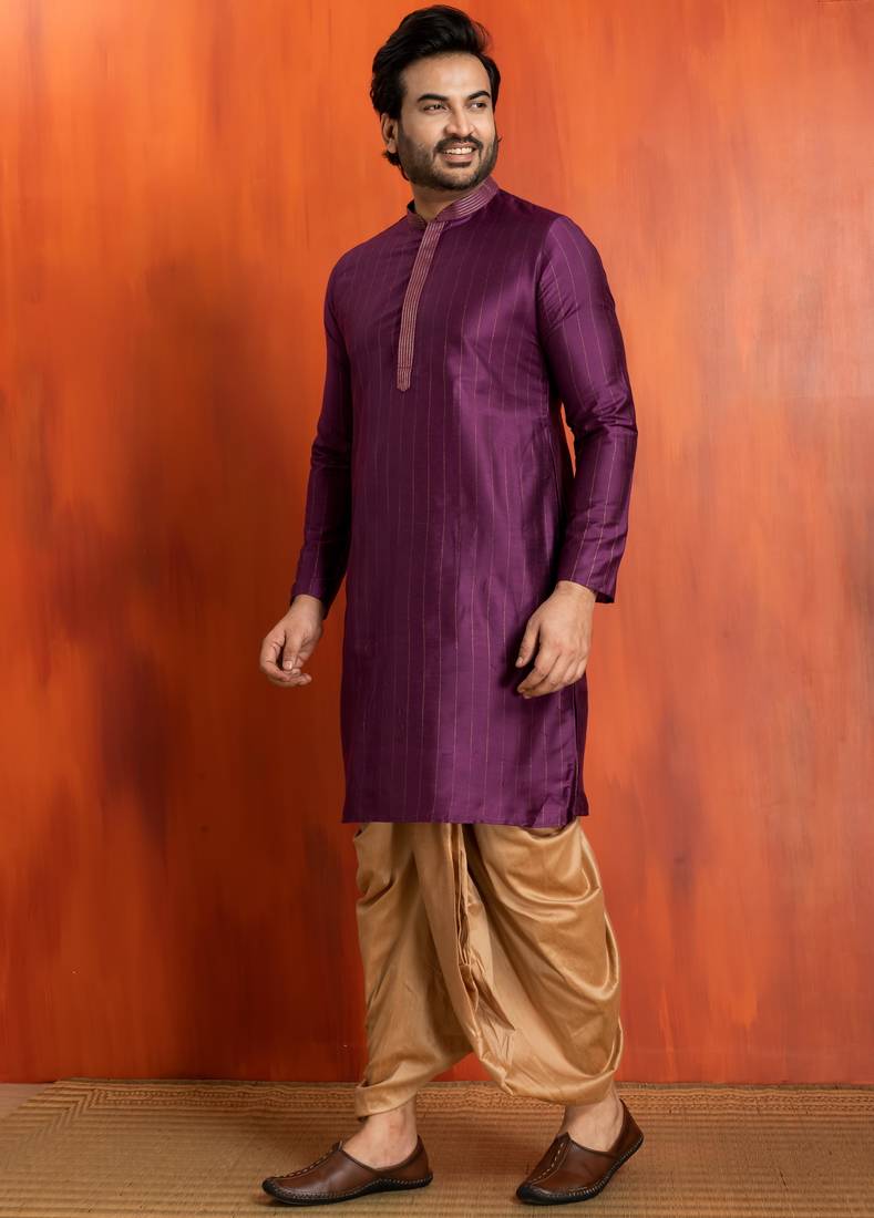 purple  silk blend kurta,dhoti set for men with printed work