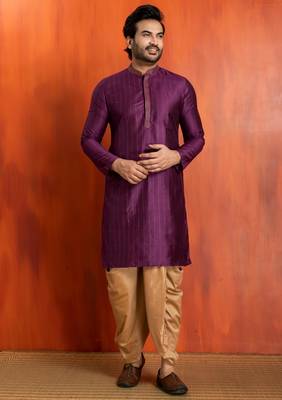 purple  silk blend kurta,dhoti set for men with printed work 3