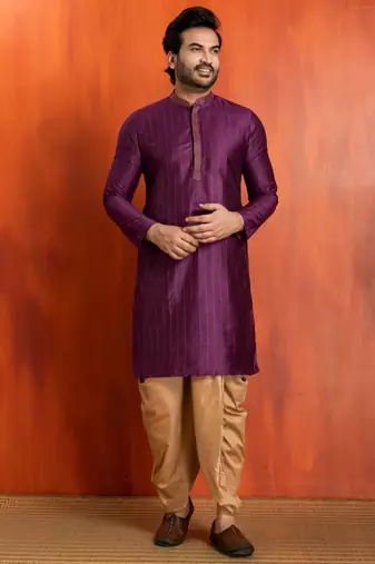purple  silk blend kurta,dhoti set for men with printed work