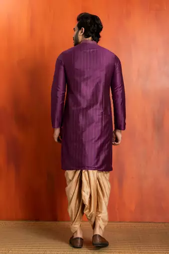 purple  silk blend kurta,dhoti set for men with printed work