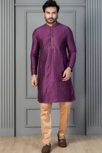 purple silk blend kurta payjajama set for men with printed work