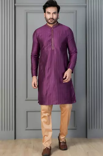purple silk blend kurta payjajama set for men with printed work