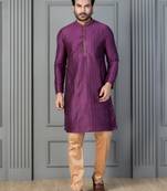 purple silk blend kurta payjajama set for men with printed work