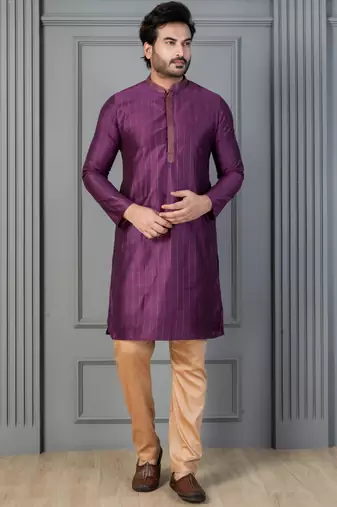 purple silk blend kurta payjajama set for men with printed work