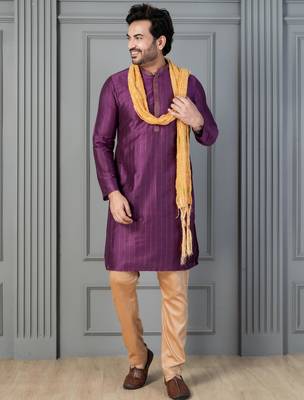 purple silk blend kurta payjama dupatta set for men with printed work 1