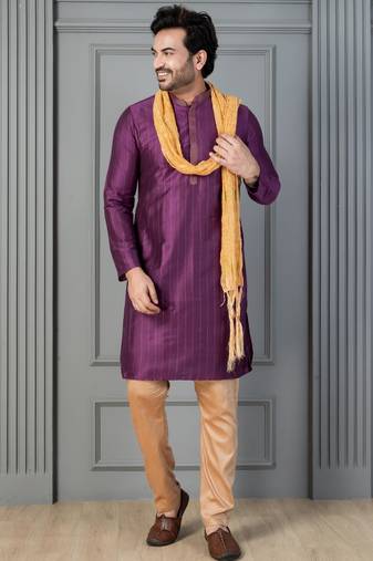 purple silk blend kurta payjama dupatta set for men with printed work