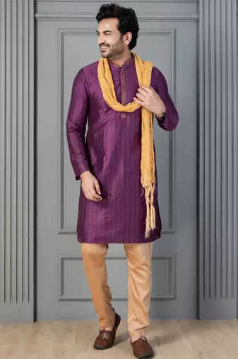 purple silk blend kurta payjama dupatta set for men with printed work