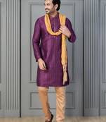 purple silk blend kurta payjama dupatta set for men with printed work