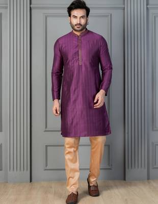 purple silk blend kurta payjama dupatta set for men with printed work 2
