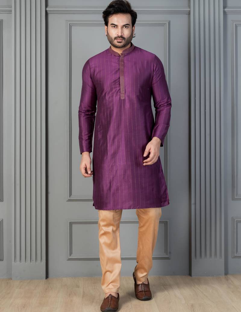 purple silk blend kurta payjama dupatta set for men with printed work