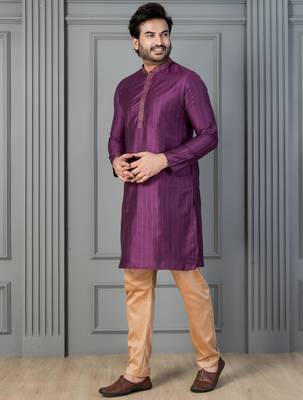 purple silk blend kurta payjama dupatta set for men with printed work 3