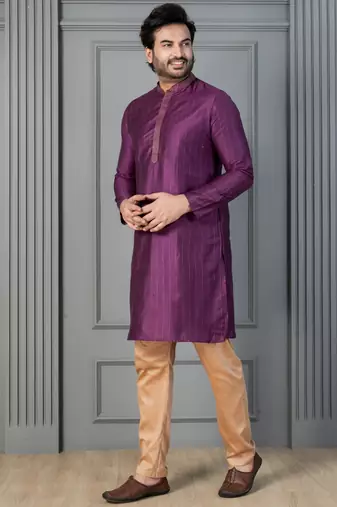 purple silk blend kurta payjama dupatta set for men with printed work