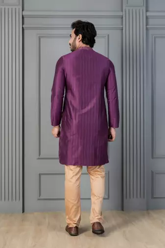 purple silk blend kurta payjama dupatta set for men with printed work