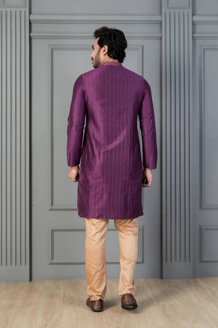 purple silk blend kurta payjama dupatta set for men with printed work