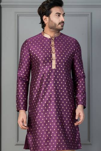 purple  silk blend kurta for men with printed work