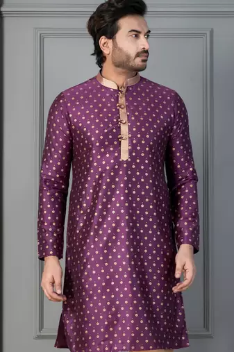 purple  silk blend kurta for men with printed work