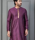 purple  silk blend kurta for men with printed work