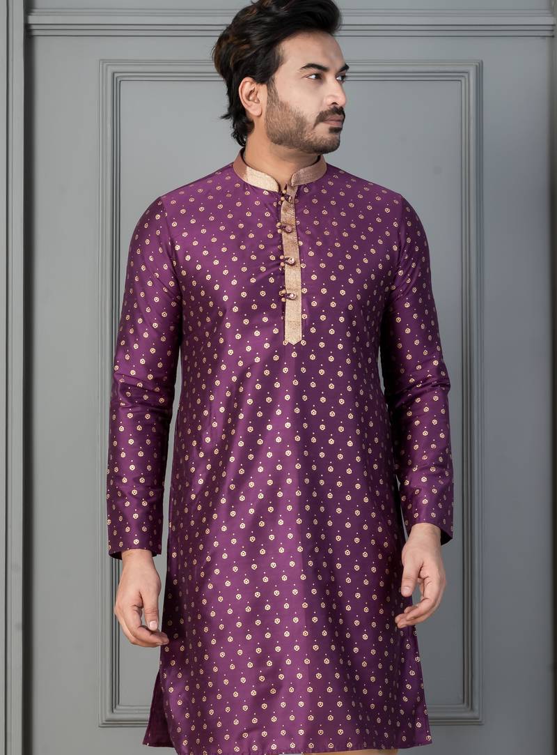 purple  silk blend kurta for men with printed work