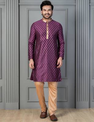 purple  silk blend kurta for men with printed work 2