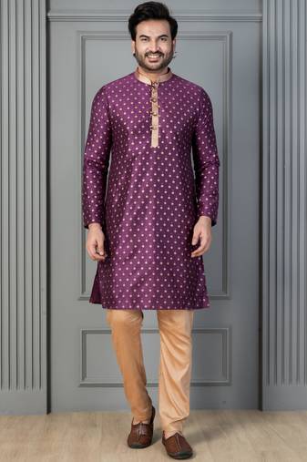 purple silk blend kurta payjajama set for men with printed work