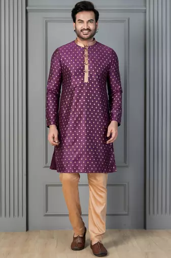 purple silk blend kurta payjajama set for men with printed work