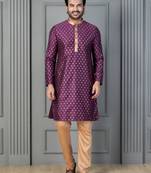 purple silk blend kurta payjajama set for men with printed work