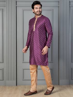 purple silk blend kurta payjajama set for men with printed work 2