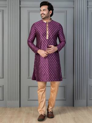 purple silk blend kurta payjajama set for men with printed work 3