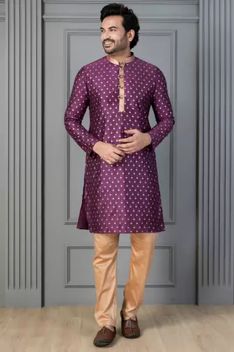 purple silk blend kurta payjajama set for men with printed work