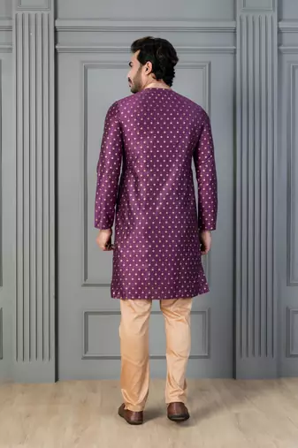 purple silk blend kurta payjajama set for men with printed work