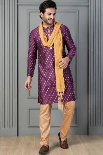 purple silk blend kurta payjama dupatta set for men with printed work